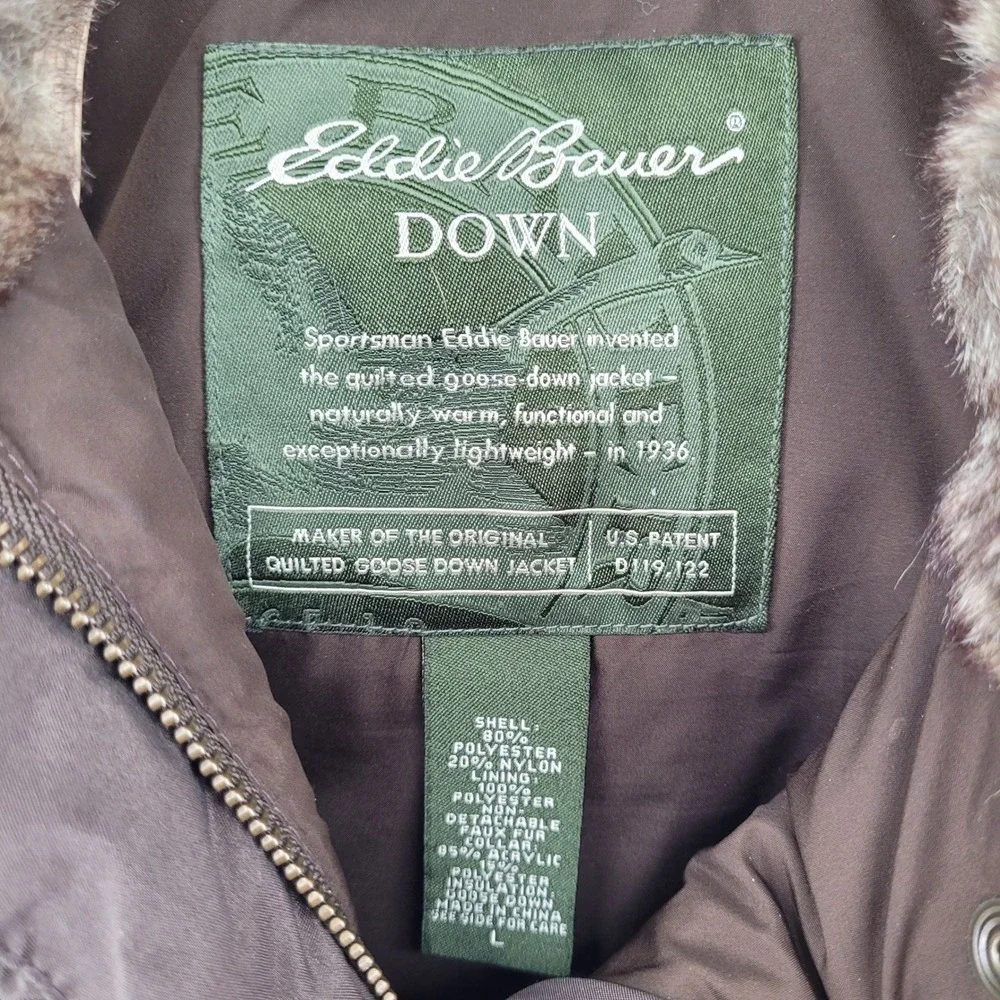 Eddie Bauer Womens Goose Down Puffer Vest Large Brown‎ Faux Fur Trim Collar